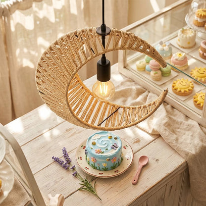 A crescent moon-shaped woven rattan pendant light with a black metal rod and glowing bulb, hanging over a decorated cake on a rustic white wooden table in a cozy bakery setting.
