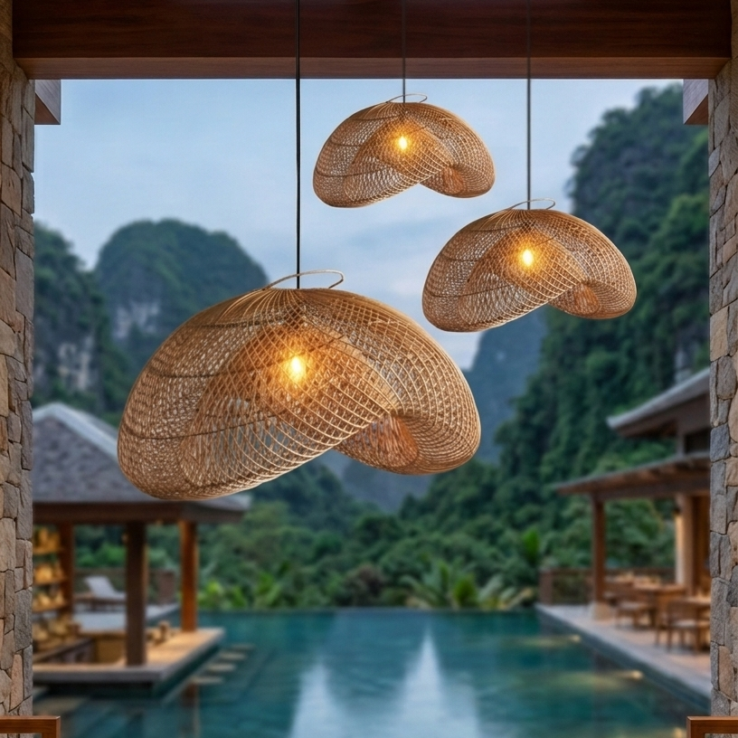 A stylish handwoven rattan pendant light with a modern black ceiling mount.