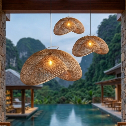 A stylish handwoven rattan pendant light with a modern black ceiling mount.
