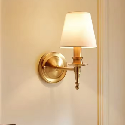 Bedroom nightstand lamp style copper and fabric wall fixture delivering cozy, space-saving bedside reading light.