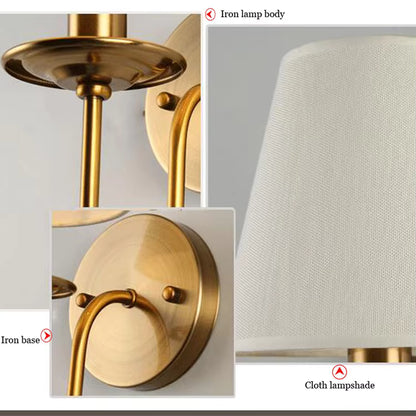A product detail collage showing a wall-mounted lamp with a brass/gold iron base, a round wall plate, and a cream fabric lampshade. Text labels point to the iron lamp body, iron base, and cloth lampshade.