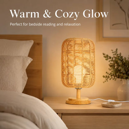 A warm, glowing woven rattan table lamp with a light wood base on a bedside table in a cozy bedroom setting. White text at the top reads 'Warm & Cozy Glow' and 'Perfect for bedside reading and relaxation'.