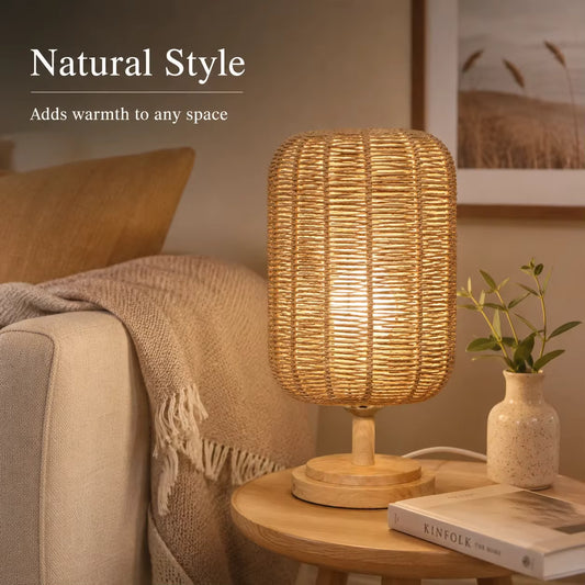 Eco-friendly hemp rope table lamp featuring a woven cylindrical shade and natural wooden base for a cozy living room.