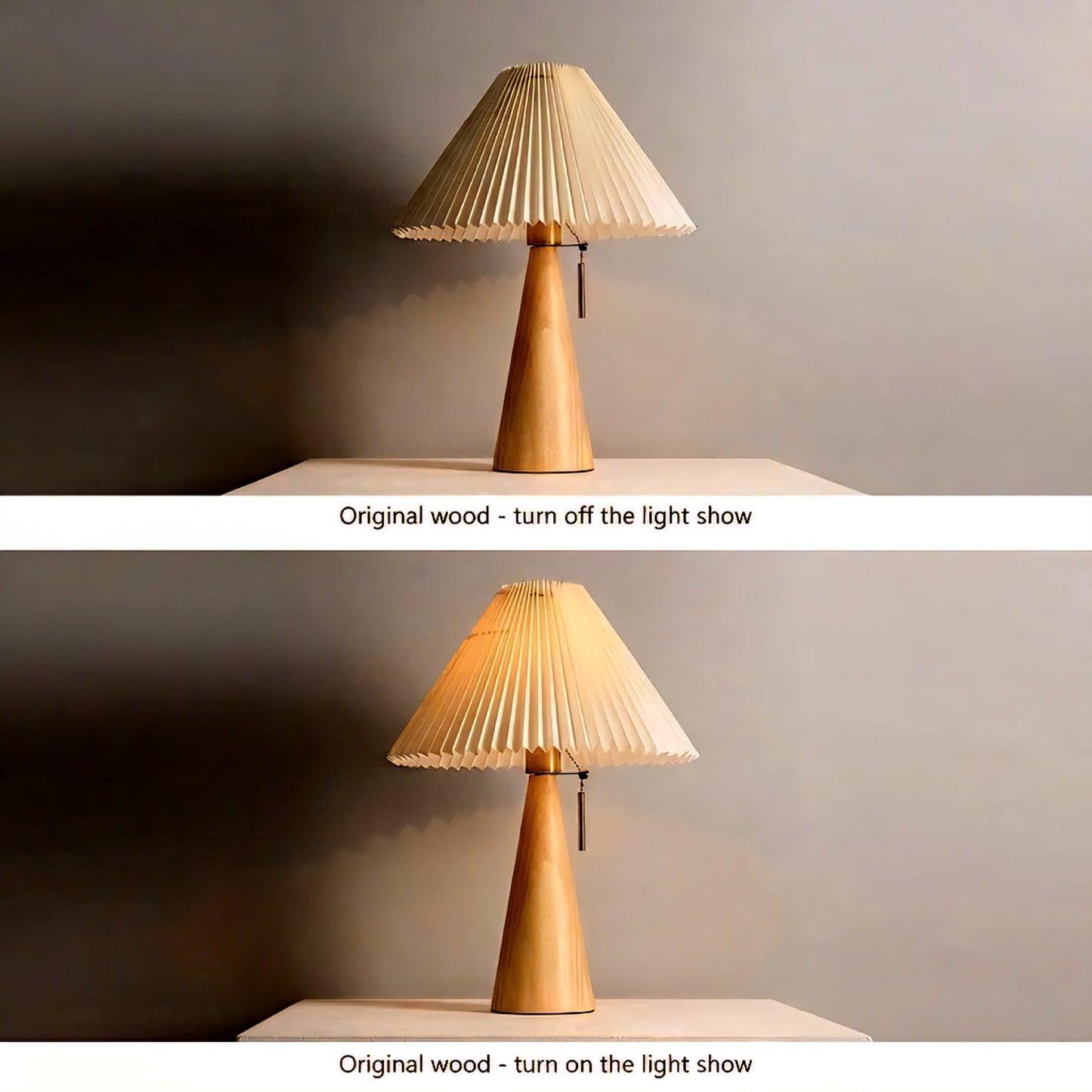 A pleated table lamp shown twice in a split comparison: the top reads 'Original wood - turn off the light show' with the shade lit and the lamp body dark, and the bottom reads 'Original wood - turn on the light show' with the shade glowing warm and the lamp body light wood. The lamp sits on a light surface against a gray wall.