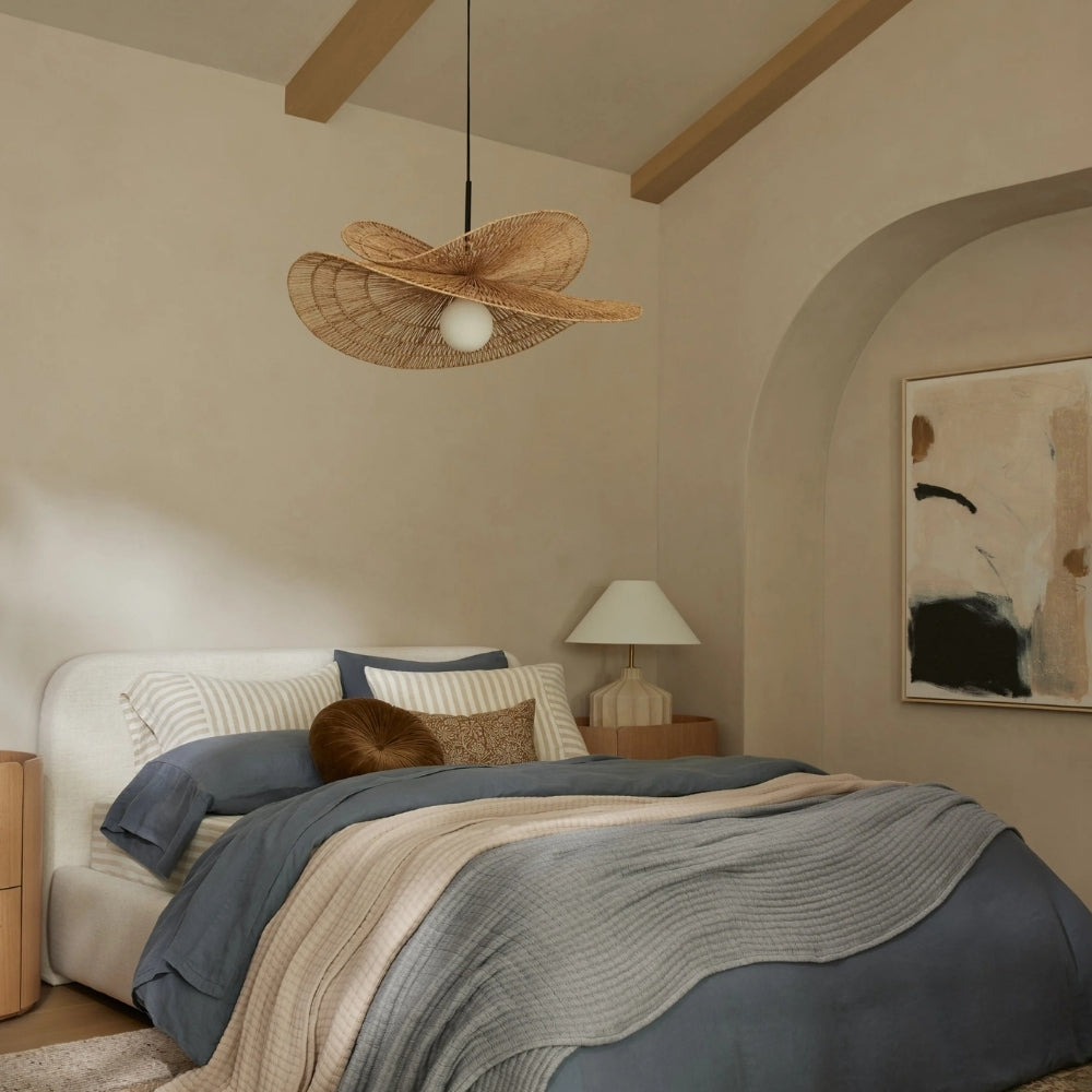 Japandi design natural jute pendant light for modern bedrooms