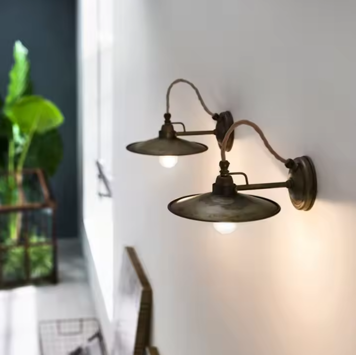 Japandi industrial wall light merging minimalist layout with rugged metal and iron textures.