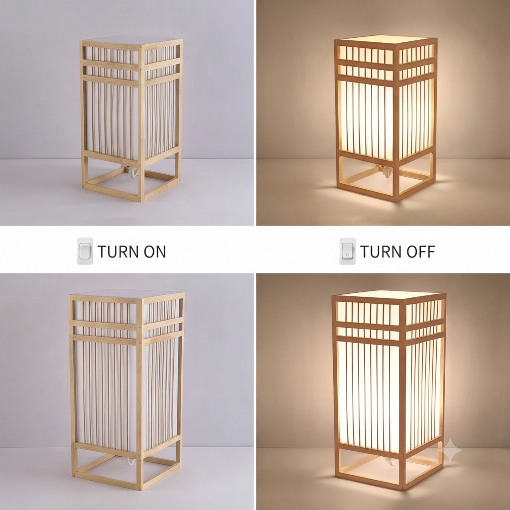 Four-panel product demonstration of a rectangular wooden lamp or lantern with vertical slats. The top-left panel shows the lamp unlit, and the bottom-left panel shows it unlit with a 'TURN OFF' label.