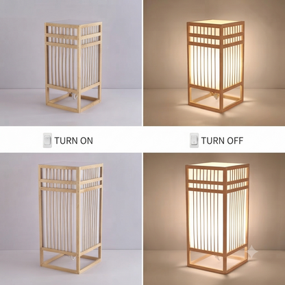 Four-panel product demonstration of a rectangular wooden lamp or lantern with vertical slats. The top-left panel shows the lamp unlit, and the bottom-left panel shows it unlit with a 'TURN OFF' label.