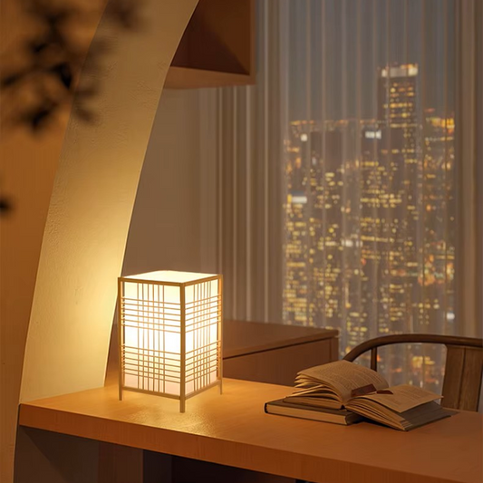 Japandi style shoji lattice table lamp delivering balanced and peaceful illumination for productive study rooms.