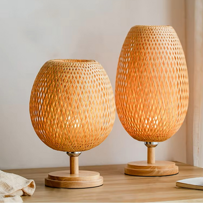 Japandi style rattan table lamp pair creating a serene, balanced, and toxin-free atmosphere in a meditation room.