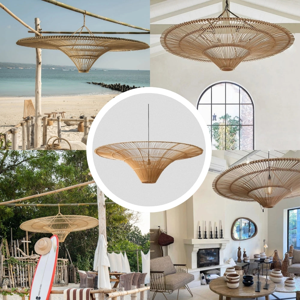 Large saucer-shaped rattan pendant lighting hanging above a low-profile cream sofa