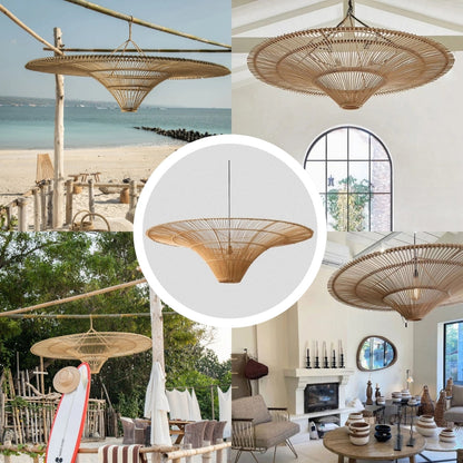 Large saucer-shaped rattan pendant lighting hanging above a low-profile cream sofa