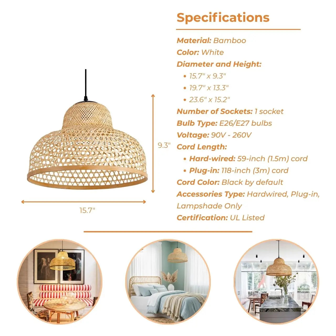 Handwoven natural bamboo pendant light with intricate weave for organic home decor