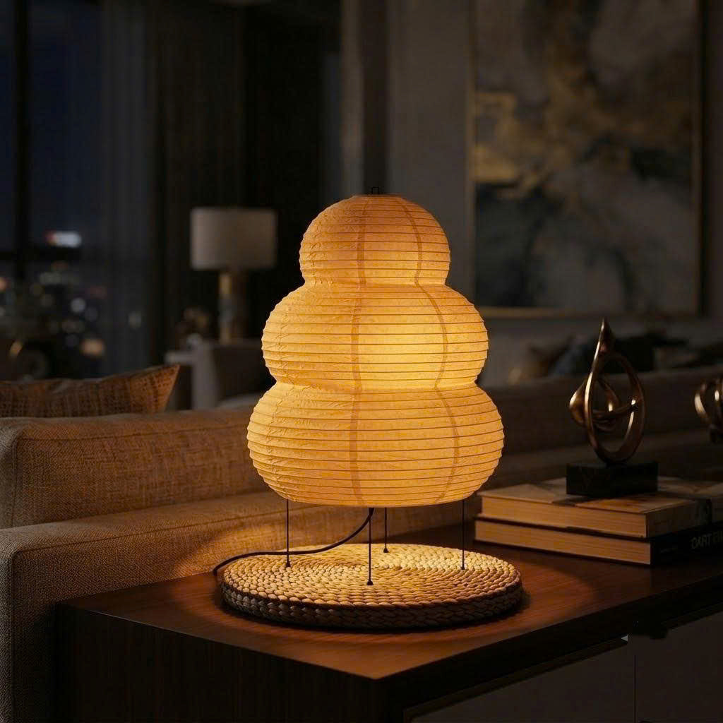 A glowing three-tiered paper lantern table lamp with a woven circular base, placed on a dark wooden table in a dimly lit living room setting.