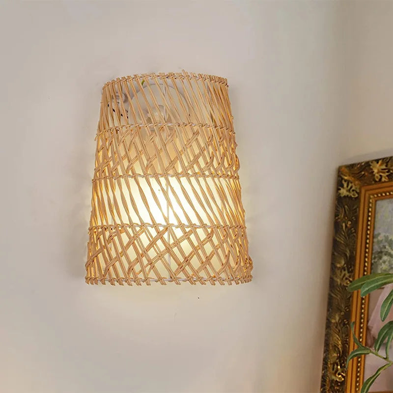 Living room lighting natural rattan wall sconce designed to provide warm accent illumination for seating areas.