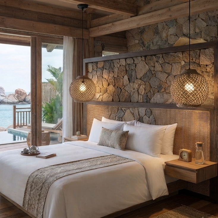 A professional interior photograph of a luxurious, rustic-modern bedroom villa overlooking a tropical bay