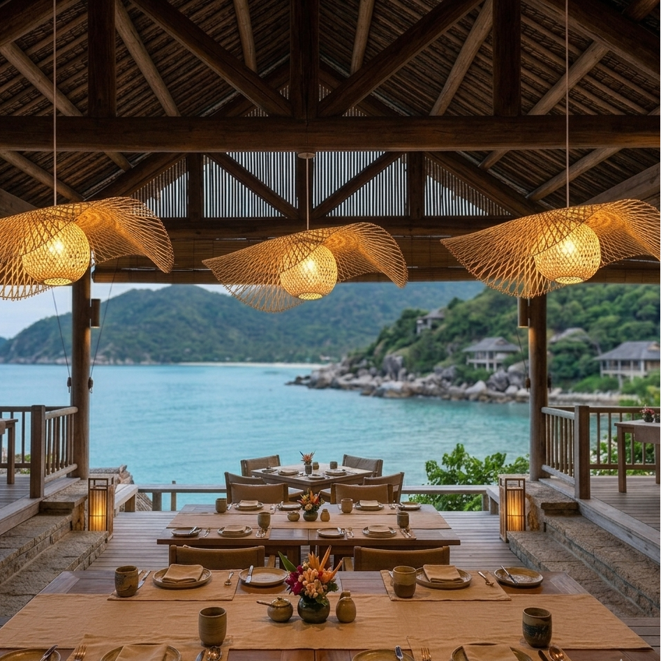 Luxury beachfront dining area in a tropical resort featuring bamboo pendant lights and stunning ocean views