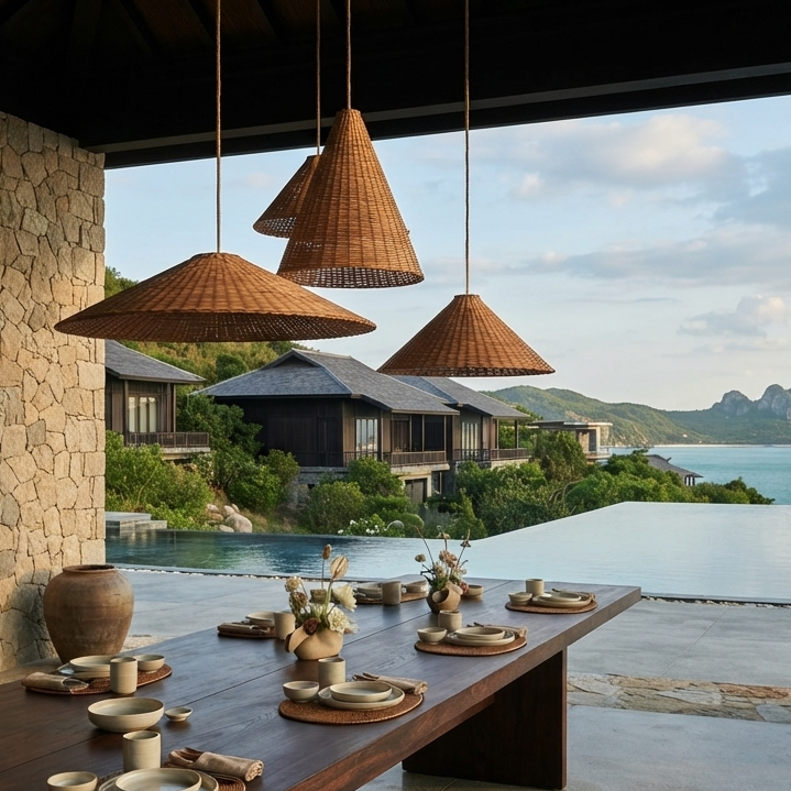 Set of three elegant woven rattan pendant lights hanging over a dining table in a luxury restaurant inspired by Amanoi Vĩnh Hy, creating a serene and sophisticated atmosphere