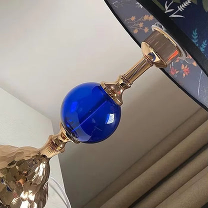 Maximalist Chic Gold Glass Accent Lamp with Detailed Floral Canopy Shade