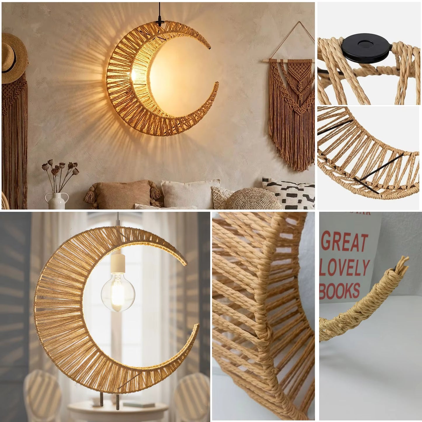 A collage showing a crescent moon-shaped woven pendant light in a warm natural wood finish, displayed in different interior settings and close-up detail views.