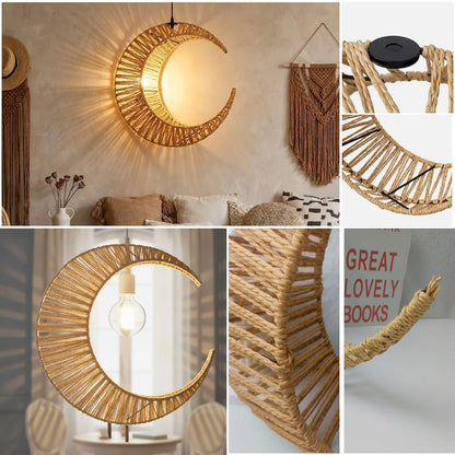 A collage showing a crescent moon-shaped woven pendant light in a warm natural wood finish, displayed in different interior settings and close-up detail views.