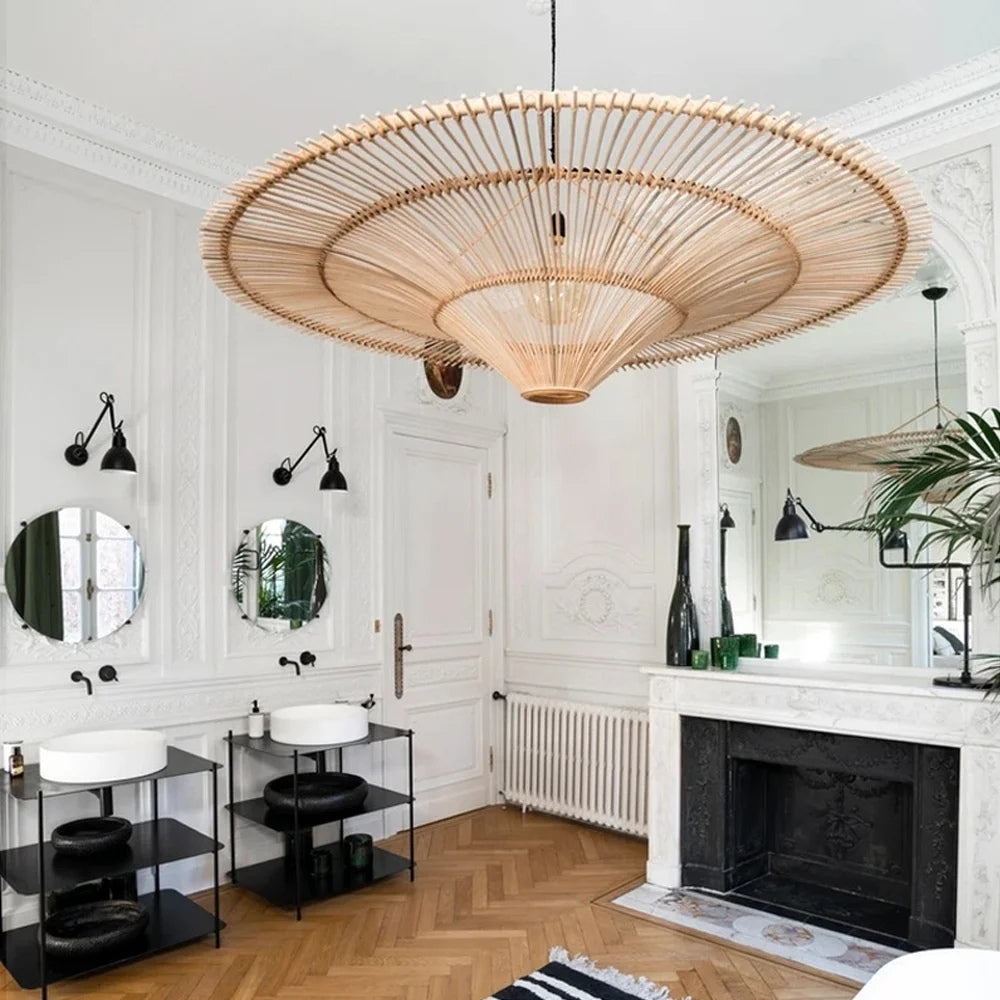 Minimalist bamboo chandelier highlighting a neutral-toned Wabi-Sabi art studio setup