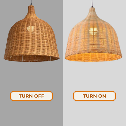 Minimalist natural rattan dome light providing soft, filtered ambient light.