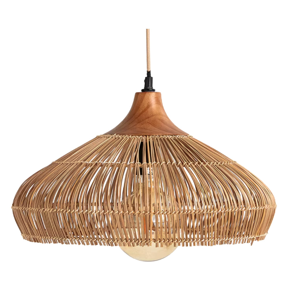 Minimalist rattan and wood dome light providing soft, ambient filtered light.