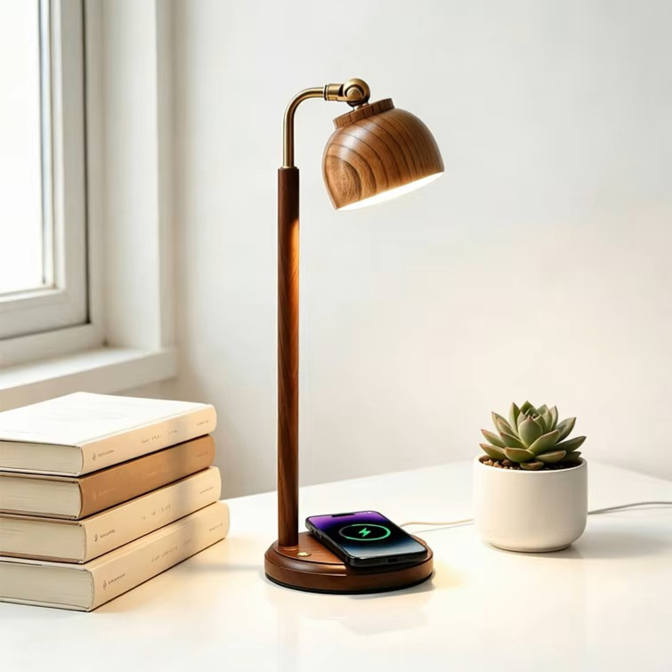 Sleek minimalist wood desk lamp featuring a flat wooden base designed for effortless smartphone wireless charging.