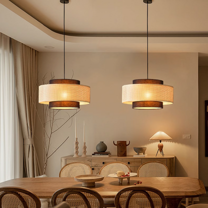 Modern dining room drum lamp with rattan finish