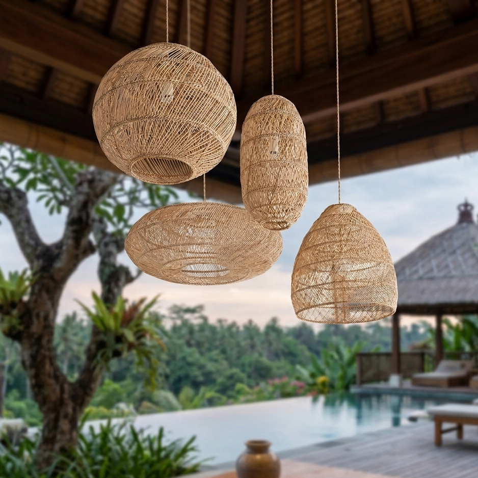A modern rattan pendant light fixture adding warmth to a bright interior