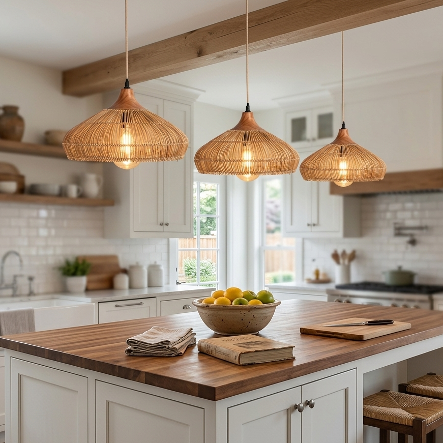 Modern rattan and wood pendant fixture that adds texture and warmth to any room