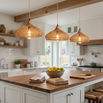 Modern rattan and wood pendant fixture that adds texture and warmth to any room