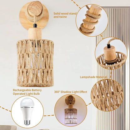 Modernism style organic hemp rope and wood sconce lamp providing minimalist geometric contrast in a stylish bedroom.