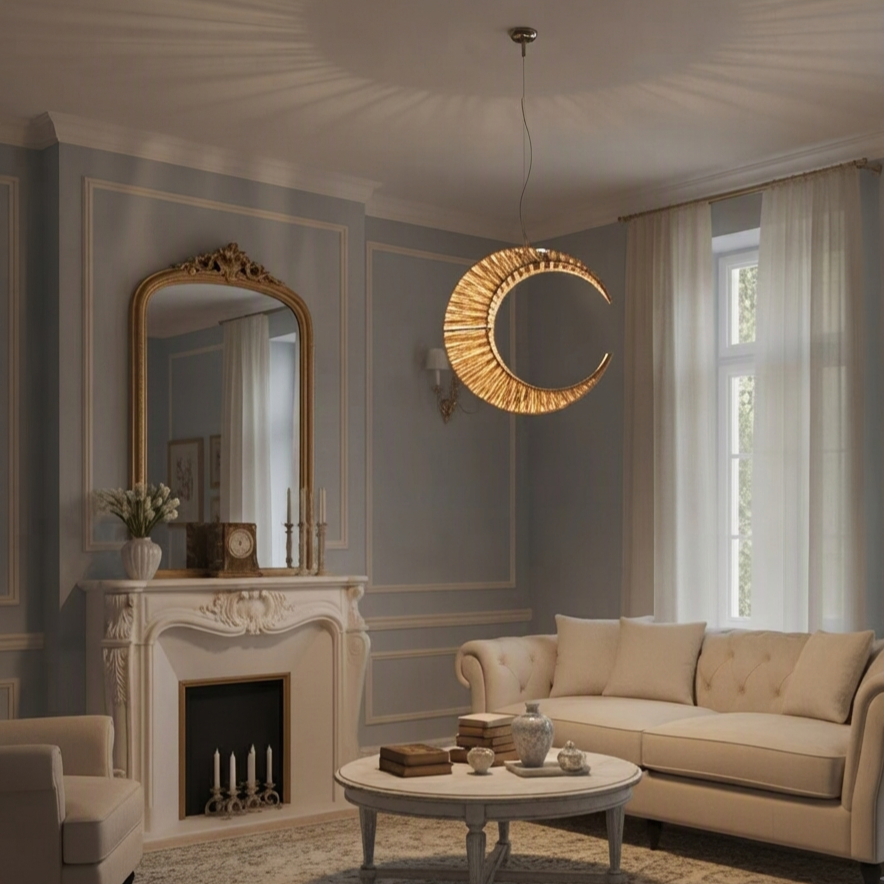 Neoclassical moon pendant light blending woven textures with elegant architectural living room decor.