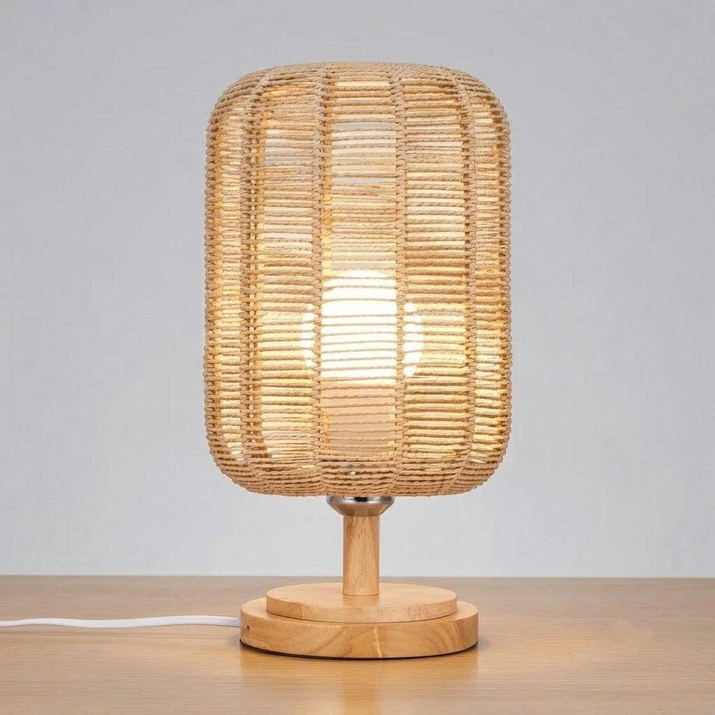 Organic Wabi-sabi hemp rope and natural wood table lamp providing sustainable lighting decor for home study spaces.