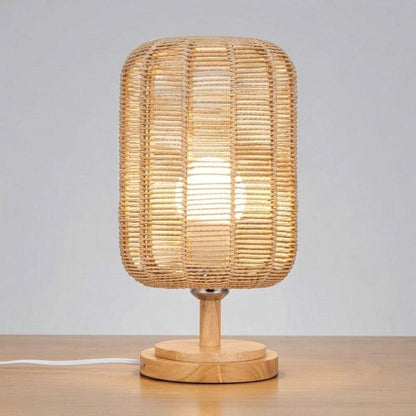 Organic Wabi-sabi hemp rope and natural wood table lamp providing sustainable lighting decor for home study spaces.