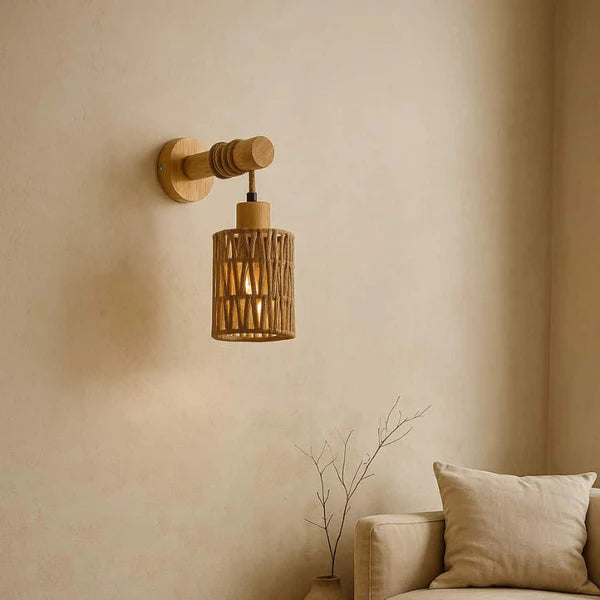 Neoclassical natural hemp wall light blending woven rope textures with elegant architectural living room decor.