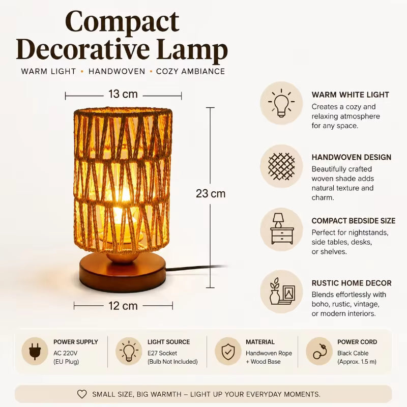 Compact decorative lamp with a warm white light, handwoven rattan shade, and wooden base, shown on a beige infographic background with dimensions, features, and icons.