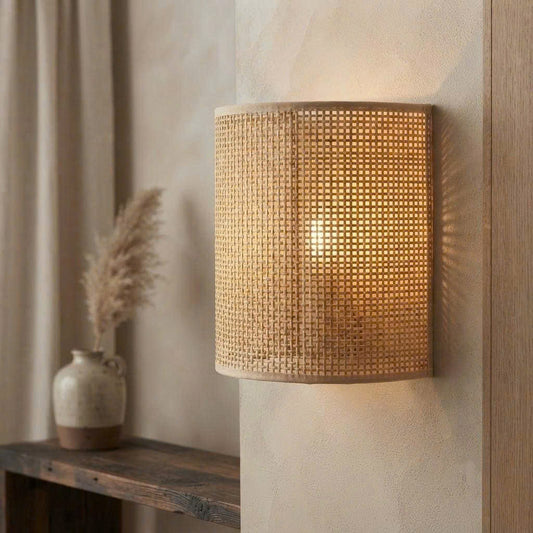 A cylindrical wall sconce with a woven natural rattan shade, illuminated from within to cast a warm golden glow against a textured beige wall.