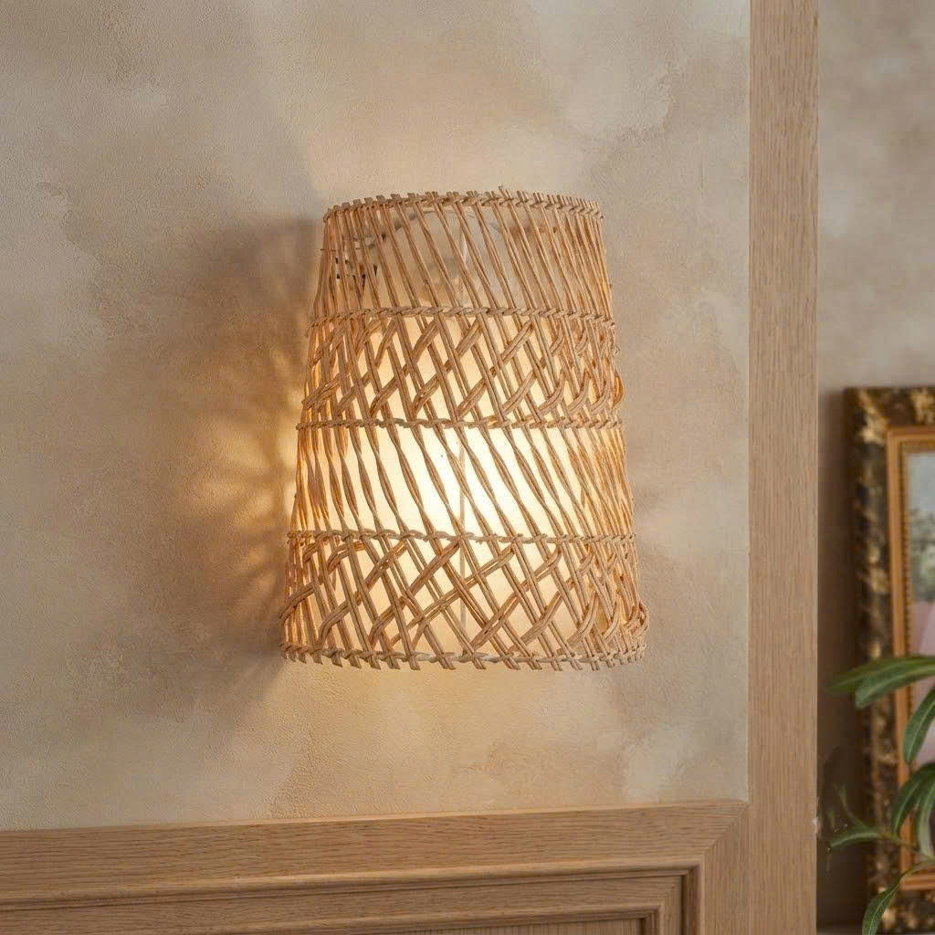 Handmade eco-friendly natural rattan wall sconce crafted from sustainable plant fibers for a healthy living room.