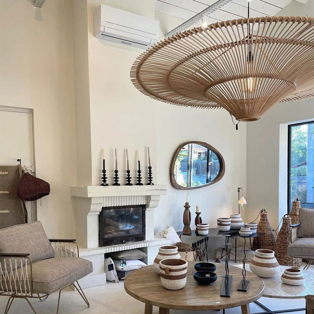 Large natural wicker basket pendant lamp shade suitable for high ceiling rooms.