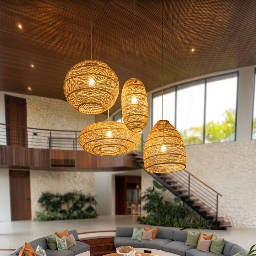 A set of natural wicker ceiling lamps hanging in a minimalist living space.