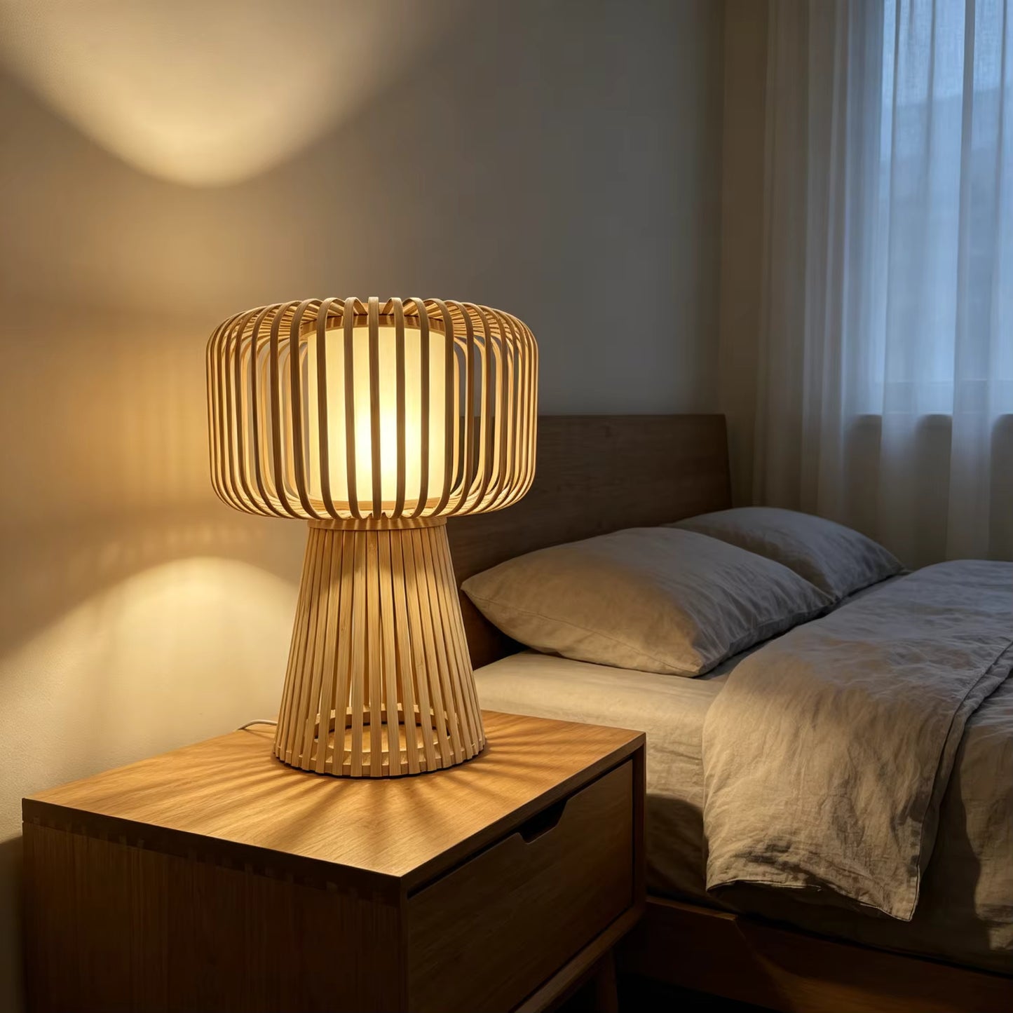 A warm, glowing table lamp with a woven natural wood or rattan cylindrical shade and base sits on a wooden nightstand beside a bed in a softly lit bedroom.