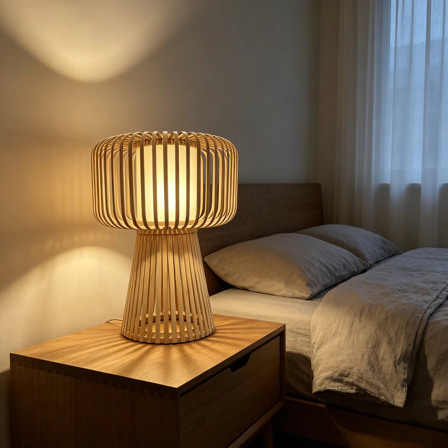 A warm, glowing table lamp with a woven natural wood or rattan cylindrical shade and base sits on a wooden nightstand beside a bed in a softly lit bedroom.