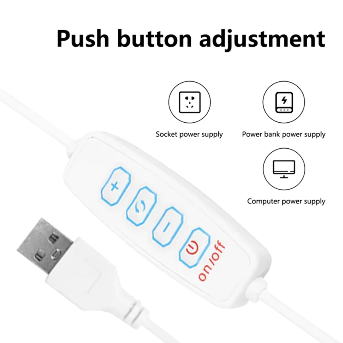 White power adapter with push button adjustment labeled for socket, power bank, and computer power supply.