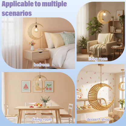 A collage showing a crescent moon-shaped woven pendant light in four interior settings: bedroom, living room, dining room, and dessert shop. Purple text at the top reads 'Applicable to multiple scenarios.