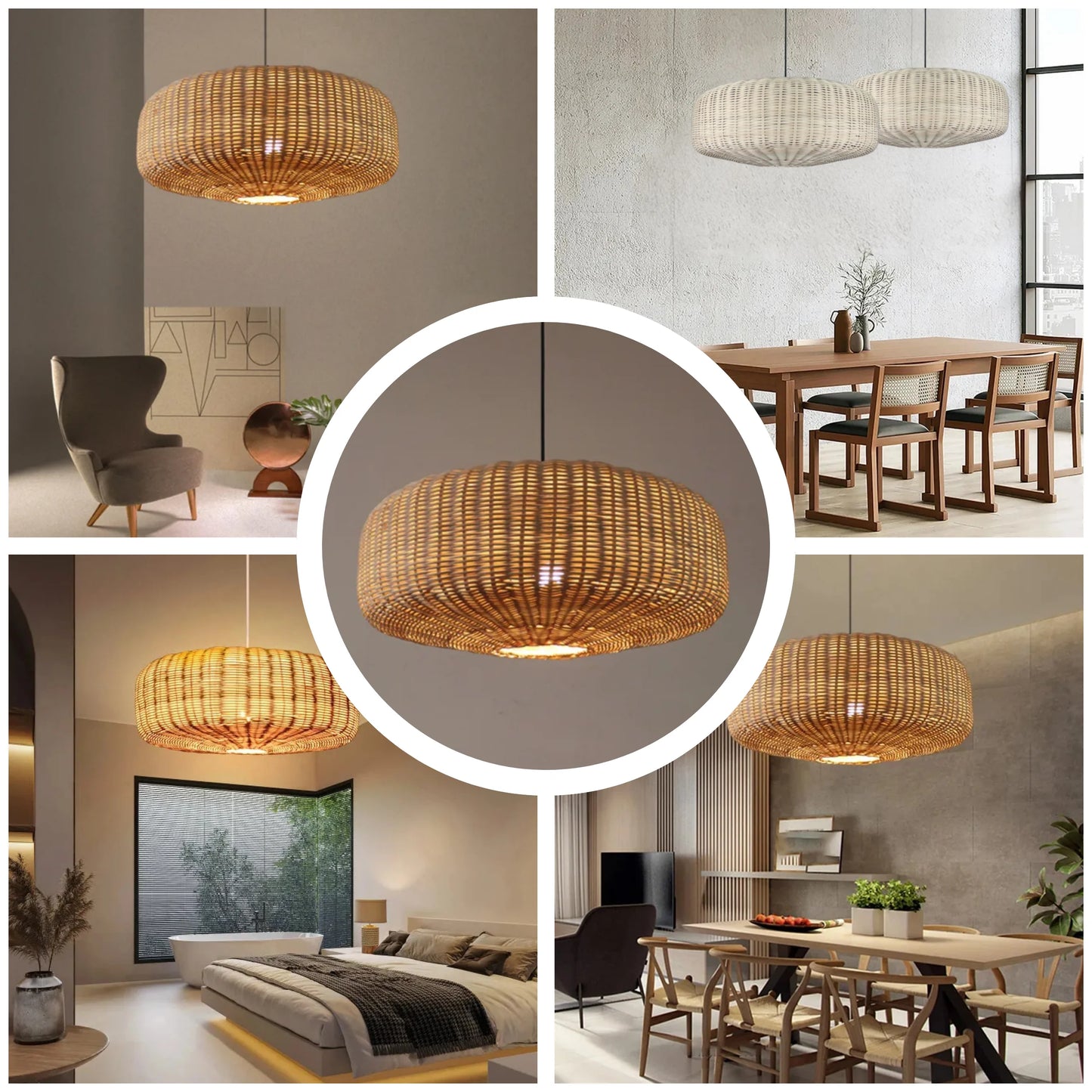 Organic modern living room design featuring textured wicker light fixtures and rustic wooden furniture.