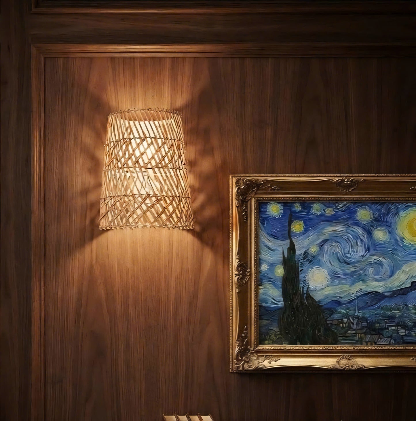 Sustainable hand-made organic rattan fiber wall lamp enhancing air-pure aesthetics in a home hallway.