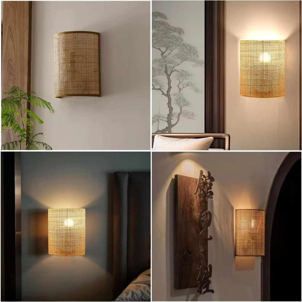 Sustainable handcrafted organic natural rattan wall light offering eco-friendly charm for a welcoming entryway.